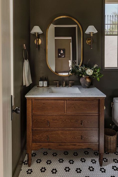 Top 5 Tips for Designing a Perfect Powder Room - Nikki's Plate Eclectic Powder Room Ideas, Color Drenching Powder Room, Dark Powder Bathroom, Half Bath Ideas Powder Rooms, Modern Bathroom Mood Board, Moody Vintage Bathroom, Moody Powder Bath, Dark Bathroom Aesthetic, Small Moody Bathroom