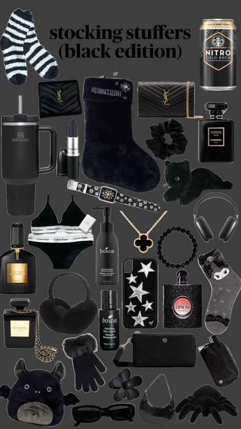 black stocking stuffers #fashion #winter #christmas #aesthetic Winter Christmas Aesthetic, Stockings Aesthetic, Black Cat Aesthetic, Black Stocking, Aesthetic Shuffles, Best Gift Baskets, Creepy Christmas, The Glow Up, Emo Outfits