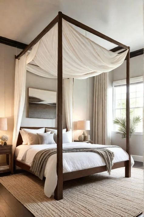 Serene bedroom with airy canopy bed and natural textures Neutral Apartment Decor, Wooden Canopy Bed, Opulent Bedroom, Canopy Bed Ideas, Mediterranean Bedroom, Canopy Bed Diy, Black Bedroom Decor, Guest Bedroom Makeover, Wood Canopy