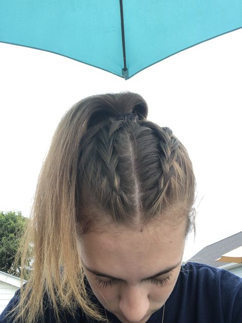 Two Braids And A Ponytail, Plait Into Ponytail, Ponytail With Braids On Top, 2 Braids Going Into A Ponytail, 2 Braids Into High Ponytail, French Braid High Ponytail, Small Braids Into Ponytail, 2 French Braids Into Ponytail, Half Braided Ponytail