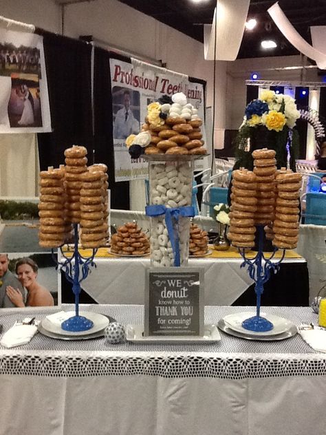 Donut display, take home favors, bridal show display Police Party Decorations, Donut Station, Police Academy Graduation Party, Donut Bar Wedding, Police Wedding, Police Retirement Party, Police Birthday Party, Police Graduation, Banquet Centerpieces