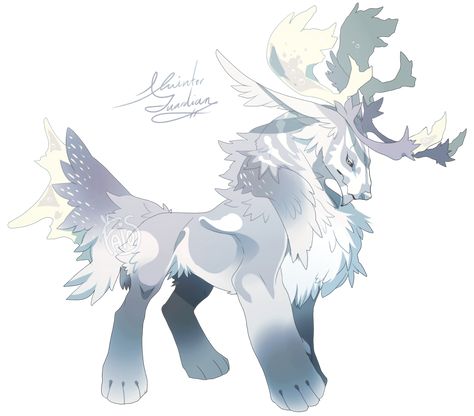 Wolf Deer Hybrid, Deer Hybrid, Body Chibi, Winter Creatures, Fluffy Dragon, Winter Guardian, Dragon Hybrid, Full Body Drawing, Winter Dragon