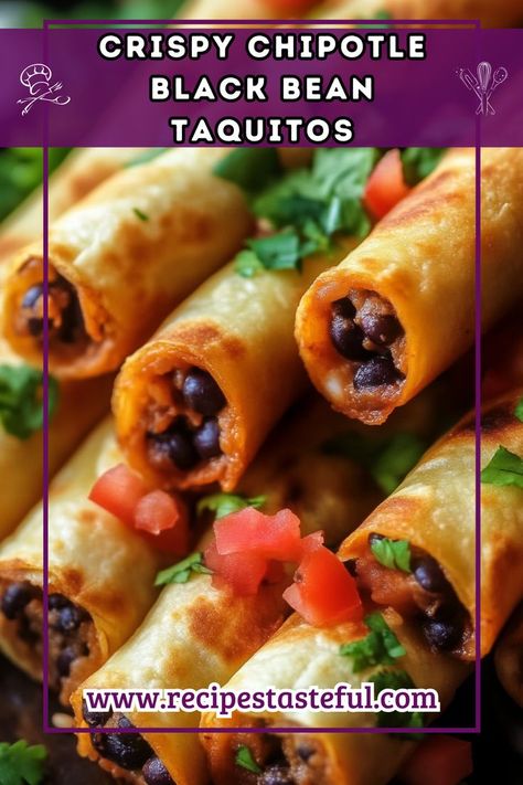 These Crispy Chipotle Black Bean Taquitos are packed with flavor and easy to make! With a creamy filling of black beans and cheese, they're perfect for a quick snack or a party appetizer. Serve them with guacamole, salsa, or sour cream for a delicious treat. Black Bean Taquitos, Bean Taquitos, Cheese Taquitos, Beans And Cheese, Chipotle Black Beans, Guacamole Salsa, Party Appetizer, Quick Weeknight Meals, Quick Snacks