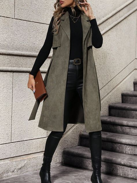 Green Casual Collar Sleeveless Woven Fabric Plain vest Embellished Non-Stretch  Women Clothing Sleeveless Coat Outfit, Sleeveless Blazer Outfit, Long Vest Outfit, Sleevless Jacket, Fall Coat Outfit, Long Sleeveless Vest, Outfit Mit Blazer, Puffer Vest Outfit, Plain Vest