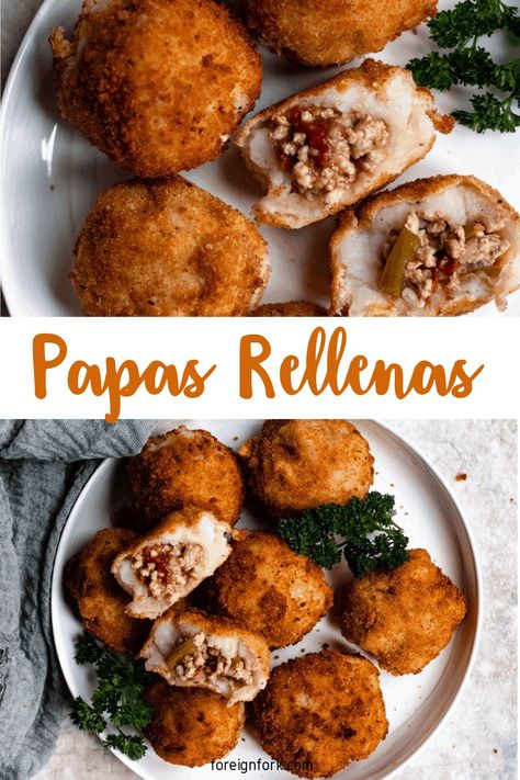 Papas Rellenas are stuffed mashed potato balls, popular in Cuba and many other countries. They come filled with picadillo, a beef filling, and then fried. They are crispy on the outside, creamy on the inside, and absolute heaven. Papas Rellenas Recipe, Papas Recipe, Stuffed Mashed Potato Balls, Stuffed Mashed Potatoes, Mashed Potato Balls, Stuffed Potato, Stuffed Potatoes, Potato Balls, Stuffed Baked Potatoes