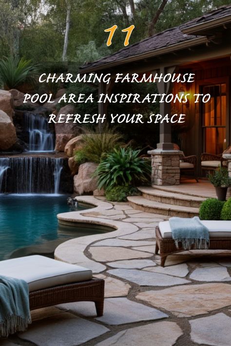 Dive into tranquility with these 11 charming farmhouse pool area inspirations! I love how the natural stone pathways and lush greenery create a serene oasis for relaxation and enjoyment. Explore ideas to refresh your outdoor space, from cozy seating arrangements to beautiful landscaping that enhances the charm of your pool area. Pool Area Design, Farmhouse Pool, Country Pool, Japandi Dining Room, Japandi Dining, Stone Pathways, Farmhouse Design Ideas, Organic Modern Kitchen, Beautiful Landscaping