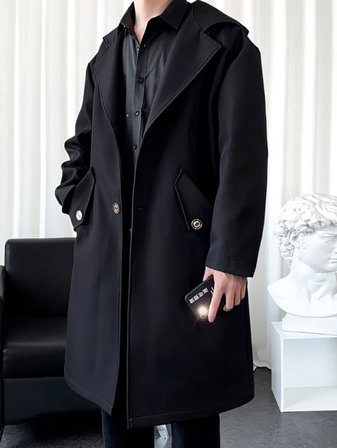 Mens Clothing Styles Black, Korean Fashion Men Black, Fancy Men Outfits, Black Coat Outfit Men, Black Clothes Men, Fancy Outfits Men, Black Coat For Men, Aesthetic Clothes Men, Single Breasted Trench Coat