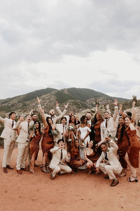 Burnt Orange Mismatched Bridesmaids, Rust Bridesmaid Dresses With Groomsmen, Arizona Wedding Bridesmaids, Fall Wedding Groomsmen Attire Burnt Orange, Boho Wedding Burnt Orange, Burnt Orange Weddings Groomsmen Jeans, Burnt Orange Maid Of Honor Dress, Bridesmaid Orange Dresses, Tan And Burnt Orange Wedding