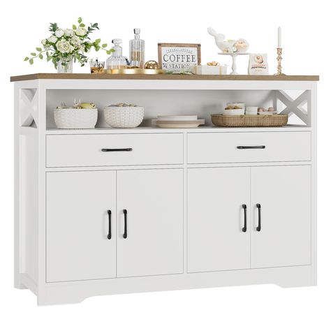 PRICES MAY VARY. VARIOUS STORAGE OPTIONS: Designed with a large open compartment, a pair of drawers and 4-door concealed cupboards each with adjustable internal shelving, this functional buffet table provides both open area and hidden spaces to keep all your tableware and kitchen appliances well organized STYLISH DESIGN: Combining farmhouse style with modern functionality, minimalist design with enormous capacity, this kitchen buffet sideboard features both exquisite wood grain and barn-inspired White Sideboard Buffet Modern, Diy Kitchen Sideboard, Buffett And Sideboards, Concealed Cupboards, Kitchen Sideboard Ideas, Large Coffee Bar, Sideboard Buffet Modern, Modern Farmhouse Sideboard, Modern Farmhouse Buffet