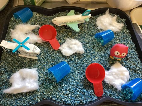 Sensory tray, tuff tray, fine motor development, airplane theme Sensory Tray, Transportation Activities, Fine Motor Development, Airplane Theme, Motor Development, Baby Learning Activities, Tuff Tray, Free Activities, Baby Learning