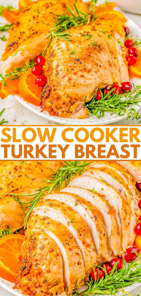 Easy Slow Cooker Bone-In Turkey Breast - Averie Cooks Turkey Breast In Slow Cooker, Turkey Breast In A Crockpot, Bone In Turkey Breast, Stuffed Turkey Breast, Baked Spaghetti And Meatballs, Turkey Breast Crockpot, Small Slow Cooker, Butterball Turkey, Slow Cooker Turkey Breast