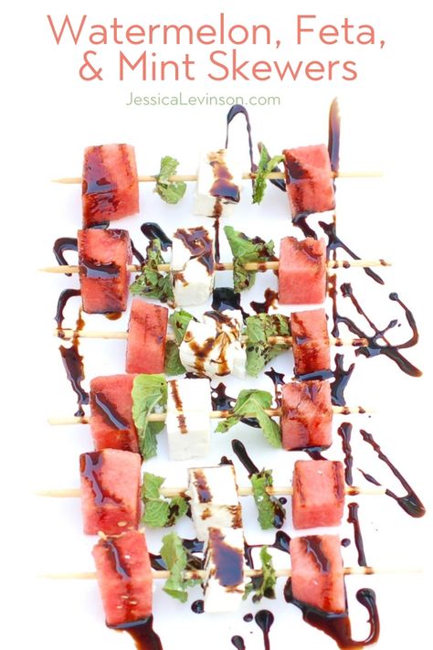 Watermelon, Feta, and Mint Skewers are an easy, healthy, and refreshing sweet and savory appetizer for a summer party. Get the gluten-free, vegetarian recipe at JessicaLevinson.com | #summerfood #kidfriendlyfood #watermelonrecipes Skewer Appetizers, Backyard Parties, Watermelon And Feta, Skewer Recipes, Potluck Dishes, Savory Appetizer, Watermelon Recipes, Potluck Recipes, Healthy Appetizers