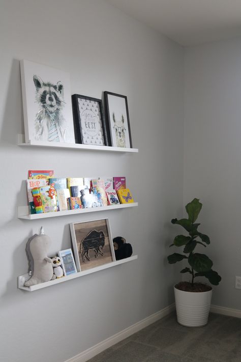 Ikea Picture Ledge Nursery, Ikea Picture Ledge Bookshelf, Nursery Picture Ledge, Picture Ledge Nursery, Ikea Picture Ledge Ideas, Ikea Picture Shelves, Nursery Shelving, Nursery Books, Ikea Picture Ledge