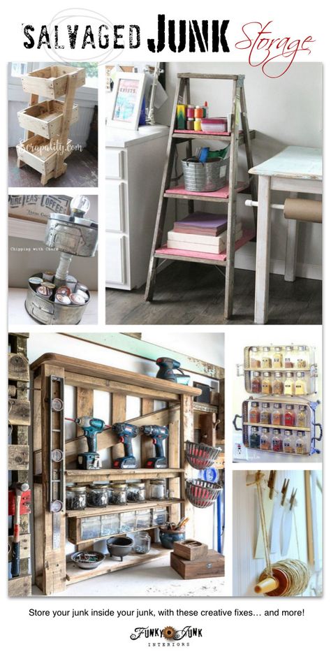 Organize your home with 200+ salvaged junk storage ideas! - a pallet wood tool shelf, ladder shelves, K cup baking tin storage, silver tray spice racks, plus! Upcycled Storage, Baking Pans Storage, Workshop Shelves, Basement Craft Rooms, Upcycle Storage, Pan Storage, Funky Junk Interiors, Storage Stand, Crate Storage