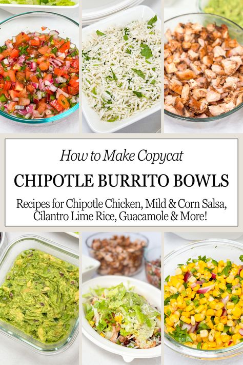 Tonight, stay in and build your own Chipotle Burrito Bowl with the copycat recipes you know and love. Fluffy rice, black beans, tender chicken, mild & corn salsa, and lots of guacamole. Chipotle Rice Bowl Copycat, Build Your Own Chipotle Bowl, Diy Chipotle Burrito, Chipotle Burrito Recipe, Diy Chipotle Bowl, Copycat Chipotle Burrito Bowl, Copycat Chipotle Burrito, Chipotle Bowl Recipe, Diy Chipotle