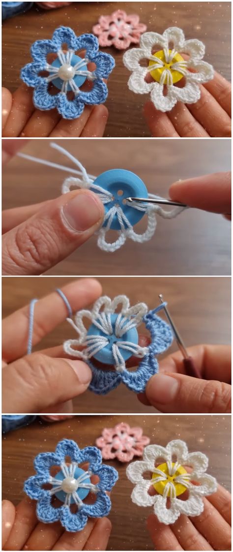 Crochet On Buttons Flower Patterns, Crochet Button Earrings Free Pattern, Sewing Projects With Buttons, Crochet Button Flowers Free Pattern, Flower Buttons Craft, Crochet Around A Button, Button Diy Ideas, Crocheting With Buttons, Button Flowers Diy