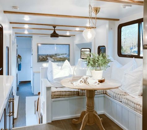 Rv Remodel Ideas, Breakfast Nook With Storage, Built In Breakfast Nook, Rv Inspiration, Dining Booth, Interior Light Fixtures, Rv Interior Remodel, Diy Camper Remodel, Kitchen Floor Plans