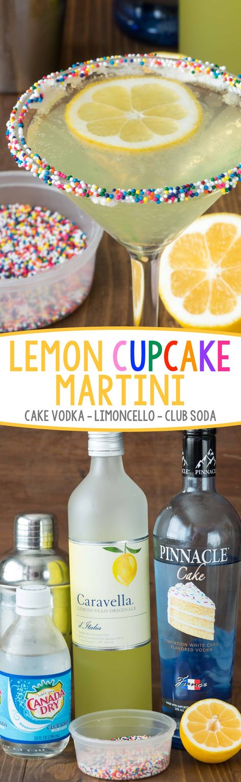 Lemon Cupcake Martini: My new favorite drink: a Lemon Cupcake Martini - only 3 ingredients in this easy martini recipe that tastes like a lemon cupcake! PIN IT NOW TO SAVE FOR LATER  Yesterday was my 39th birthday. How I got to be 'almost 40' I'll never know...I blinked and went from 25 to 39. I'm excited to be this age (except for the wrinkles, metabolism, and age spots) because I kind of just want to get to 40 already. Mel turned 40 the year we got married (15 years ago) so I've been kind of Lemon Cake Martini, Cupcake Martini, Easy Martini, Martini Recipes Easy, Lemon Cupcake, Lemon Cocktail, Martini Recipe, Lemon Cupcakes, Boozy Drinks