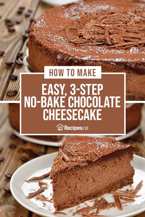 40 mins. · Serves 1 · Traditional cheesecakes can be time consuming to create but this Easy, 3-Step No-Bake Chocolate Cheesecake recipe minimizes the amount of work while maximizing flavor! Now you can whip up a fantastic, chocolatey cheesecake as easy as 1, 2, 3. Housewife Duties, Easy Chocolate Cheesecake, Chocolate Cheesecake Recipe, No Bake Chocolate Cheesecake, Most Popular Desserts, Chocolate Dishes, Chocolate Cheesecake Recipes, Bake Desserts, Cream Cheese Recipes