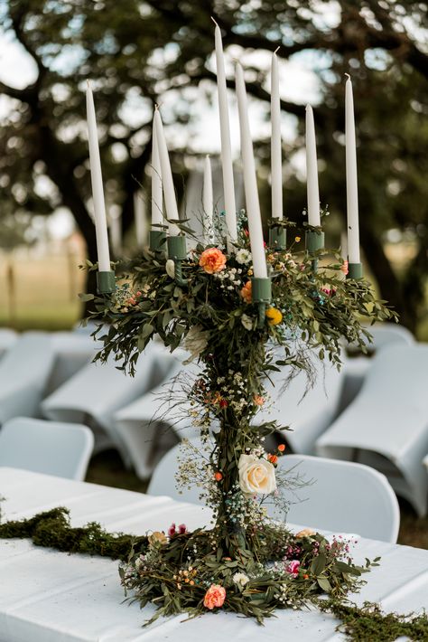 Flowers and elegant candlestick centerpieces Candelabra Wedding Centerpieces, Candelabra Wedding, Candlestick Centerpiece, Bronze Candlesticks, Twist Candle, Candle Wedding Centerpieces, Flower Tie, The Homestead, Christian Wedding