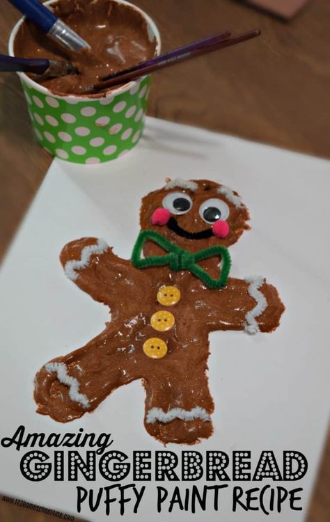 Amazing Gingerbread Puffy Paint Recipe - this easy to make gingerbread paint recipe makes such a beautiful finished product. The paint shimmers and gets to beautifully puffy as it dries. Kids will love touching the texture of this Christmas craft for kids. #puffypaint #gingerbreadrecipes #playrecipes #christmasactivities #puffypaintrecipes #gingerbreadpuffypaint #toddler #preschool #kindergarten Gingerbread Ornaments Recipe, Gingerbread Activity, Puffy Paint Recipe, Spinning Christmas Tree, Gingerbread Man Crafts, Gingerbread Man Activities, Christmas Handprint, Gingerbread Activities, Gingerbread Ideas