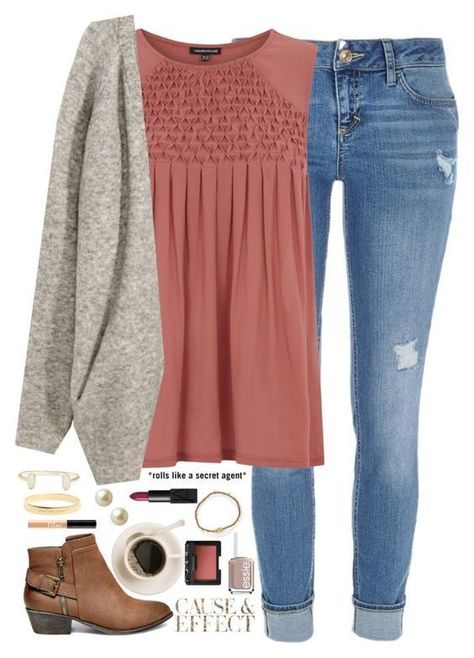 Really cute outfit idea - denim, pink shirt, gray cardigan, ankle boots. Polyvore Outfits Fall, Áo Blu, Stitch Fix Outfits, Mode Casual, Dresses Outfits, Boots Fall, 가을 패션, Outfit Casual, Polyvore Outfits