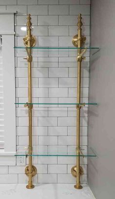 French Bistro Brass Shelving, French Bistro Shelves Kitchen, Brass Bistro Shelves, Glass And Brass Shelves, Brass Glass Shelves, Diy Bistro Shelving, Kitchens With Shelves And Cabinets, Family Recipe Display, Narrow Wet Bar