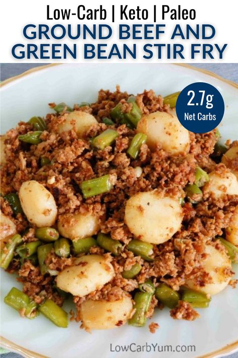 This ground beef and green beans stir fry is a super easy dinner that’s full of flavor. You only need five ingredients, and everything comes together in one skillet in just three steps! Ground Beef Potatoes And Green Beans, Ground Beef Potato Green Bean, Hamburger Green Beans And Potatoes, Ground Beef Potatoes Green Beans, Ground Beef With Green Beans, Ground Beef And Green Beans Recipes, Green Bean And Ground Beef, Ground Beef And Green Beans, Beef And Green Beans Recipe