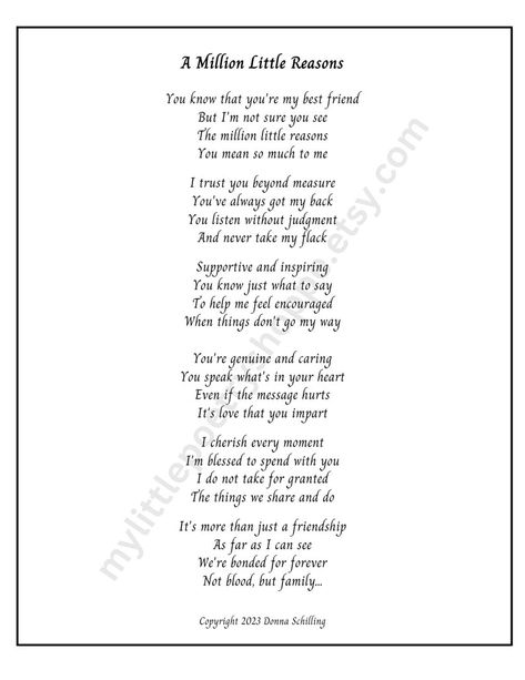 A Million Little Reasons Friend Poem, Best Friend Poem, Friendship Poem, Girlfriend Poem, INSTANT DIGITAL DOWNLOAD - Etsy Friend Connection Quotes Friendship, Friendship Quotes For Best Friend, Poems On Best Friend, Poems About Female Friendships, Sweet Poems For Friends, Best Friend Poems Deep, Poems About Friends Friendship, Friendship Poems Deep, Poems About Best Friends