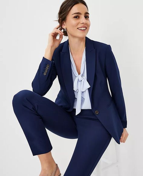 Waist Length Blazer, Women’s Navy Blue Suit, Navy Blue Woman Suit, Business Casual Patterned Pants, Woman Suit Fashion Wedding Guest, Womens Suits Business Petite, Women’s Navy Suit Outfit, Women's Suit Outfit, Women Navy Suit Outfit