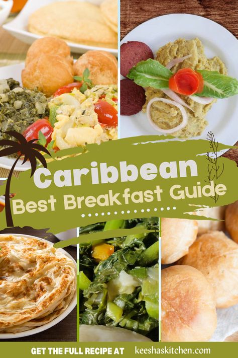 A Caribbean breakfast spread featuring Ackee and Saltfish, Plantains, and Johnny Cakes, beautifully arranged on a colorful table. Caribbean Breakfast, Bake And Saltfish, Aloo Pie, Brunch Barcelona, Ackee And Saltfish, Johnny Cakes, Mashed Plantains, Mango Chia Pudding, Cake Breakfast