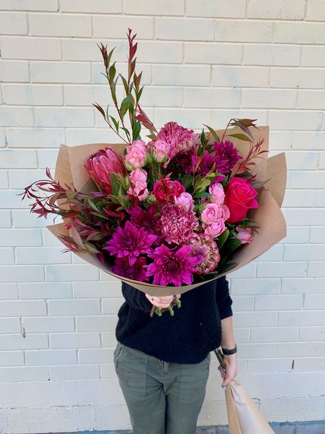 Berry Blooms! Pink Ice Protea, Spray Roses, Columbian Roses, Chrysanthemums, Sim Carnations and Fireworks Foliage. Small, Medium and Mega bunches pictured. Single Protea Bouquet, Pink Protea Bouquet, Pink Ice Protea Bouquet, Pink Ice Protea, Peach Carnation Bouquet, Fresh Flower Delivery, Same Day Flower Delivery, Spray Roses, Beautiful Bouquet