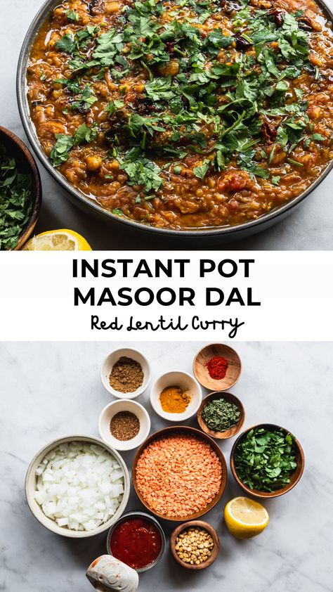 Bowl filled with instant pot masoor dal (red lentil curry) with ingredients Instant Pot Masoor Dal, Instant Pot Daal, Red Lentil Curry, Red Lentils, Lentil Curry, Red Lentil, Basmati Rice, Pressure Cooker Recipes, Garam Masala