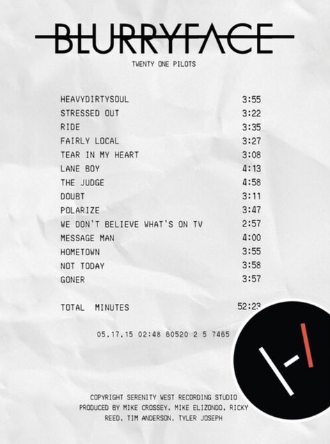 21 Pilots Blurryface, Song Receipts, Song Receipt, Twenty One Pilots Heavydirtysoul, Music Receipt, Receipt Poster, Album Receipts, Twenty One Pilots Quotes, Album Receipt