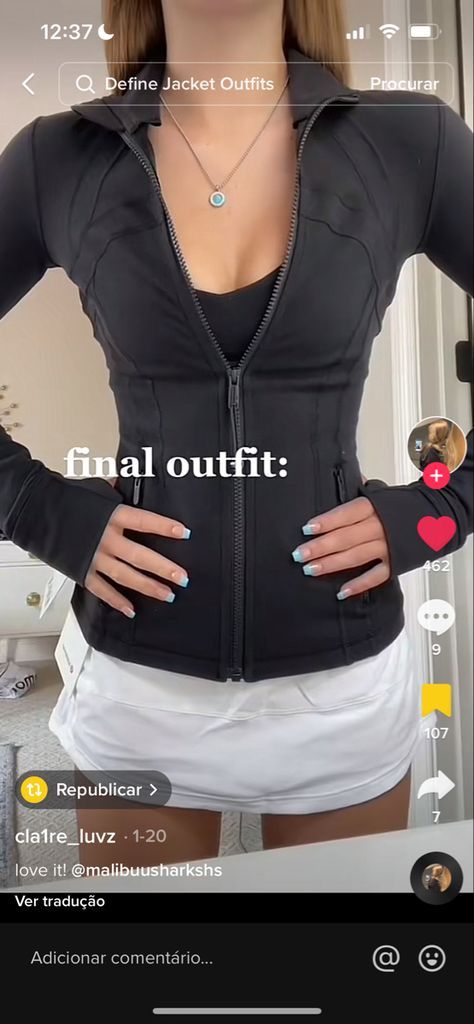 Black Lulu Jacket Outfit, Black Lulu Skirt Outfit, Lulu Combos, Aesthetic Outfits Sporty, Lulu Skirt Outfit, Lululemon Jacket Outfit, Lululemon Define Jacket Outfit, Outfit Ideas Lululemon, Black Align Tank