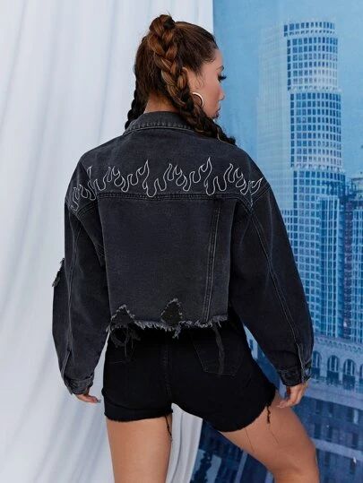 SHEIN SXY Sale | Fashion SHEIN SXY Sale | SHEIN USA Flame Embroidery, Denim Jacket Long, Streetwear Coat, Streetwear Denim, Diy Denim Jacket, Women's Denim Jeans, Black Jean Jacket, Jean Jacket Outfits, Premium Denim Jeans