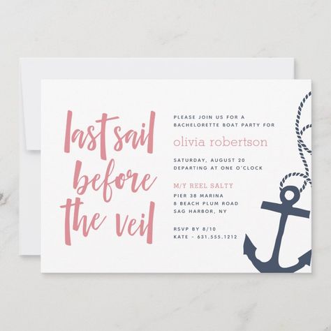 Last Sail Before the Veil Boat Bachelorette Party Invitation  Zazzle Boat Bachelorette Party, Boat Bachelorette, Modern Coastal Design, Anchor Illustration, Last Sail Before The Veil, Nautical Bachelorette Party, Sailor Theme, Nautical Bachelorette, Themed Bachelorette