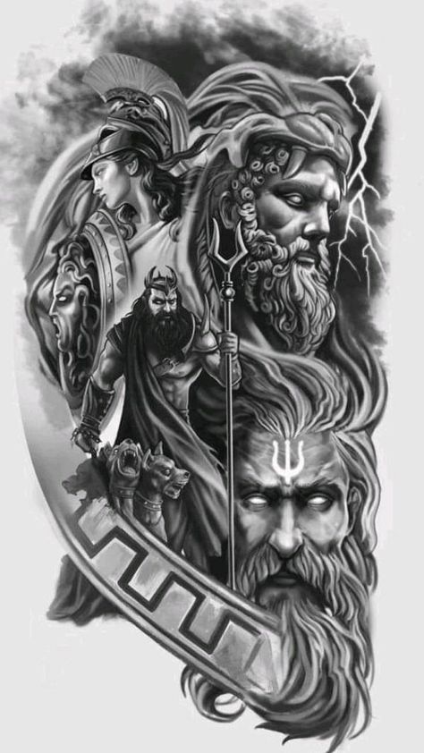 Hades Tattoo, Tato Maori, Greek God Tattoo, Viking Tattoo Sleeve, Poseidon Tattoo, Zeus Tattoo, Kunst Tattoos, Statue Tattoo, Greek Mythology Tattoos