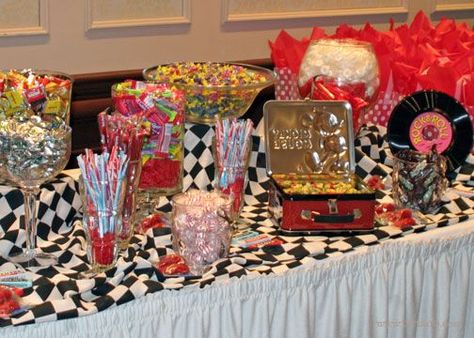 1950s candy table backdrop ideas | ... ! The 'candy bar' re Candy Tablescape, Table Backdrop Ideas, Candy Table Backdrop, Vintage Candy Bar, 65th Birthday Party Ideas, 1950s Inspired Fashion, Grease Themed Parties, Vintage Candy Bars, 1950s Candy