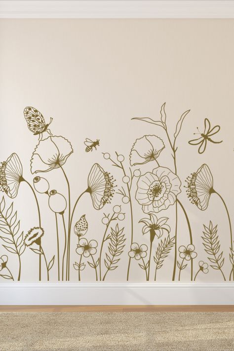 This vinyl wall decal has no clear or colored background. Transfer tape is used to transfer the design to the wall and then removed, leaving only the design on the wall. It is easily removed without damaging interior walls, but it is not reusable. Wildflower Mural, Wildflowers Garden, Nursery Bathroom, Tropical Wall Decor, Floral Nursery Decor, Palm Tree Wall Art, Family Wall Decals, Flower Wall Decals, Floral Decal