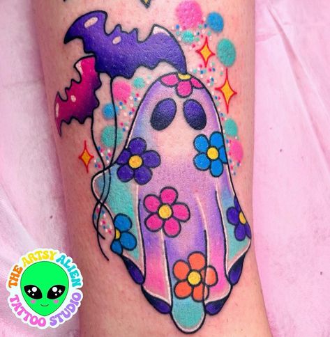 Kassidy Autumn | Ghosty for Emily today ��👻... | Instagram Y2k Tattoo Sleeve, Lisa Frank Alien Tattoo, Girly Pop Tattoo, Lisa Frank Tattoos, Lisa Frank Tattoo Ideas, Colorful Arm Tattoos For Women, Kawaii Tattoo Sleeve, Lisa Frank Tattoo, Groovy Tattoo