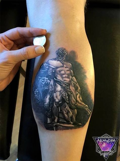 This is a calf tattoo and it depicts Hercules defeating Cerberus, the hound of Hell. As a child, I loved Greek mythology and Hercules was one of my favorite heroes. Despite its size, it had a lot of details, so it took me about 6 hours to finish it. The funny thing about this tattoo is that it was the first time my customer fell asleep, I had no idea it was possible. From time to time he would flinch, telling me that he fell asleep. He was extremely tired. The Hound, Calf Tattoo, Fell Asleep, The Funny, Hercules, Greek Mythology, A Child, Skull Tattoo, How To Fall Asleep