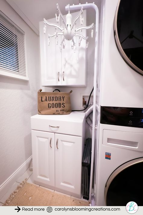 From Dead Washer to This: Small Laundry Room Organization — DIY Home Improvements Carolyn's Blooming Creations Stackable Washer Dryer Laundry Room With Folding Table, Small Laundry Folding Station, Laundry Room Organization Stackable Washer And Dryer, Tiny Laundry Closet Stacked, Apartment Stackable Washer And Dryer, Stacked Washer Dryer Pull Out Shelf, Stackable Washer Dryer Pull Out Shelf, Laundry Folding Station, Folding Station