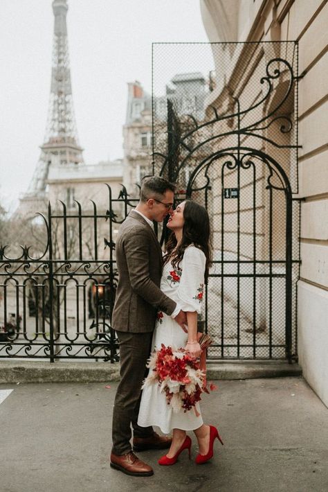 Bride With Red Shoes, Wedding Dress With Red Shoes, High Street Wedding Dresses, Red Flower Bouquet, Wedding Dress Red, Red Wedding Shoes, Black Tie Attire, Paris Elopement, Embroidered Wedding Dress