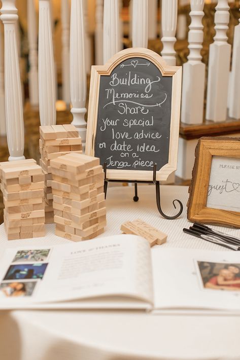 Jenga guest book at Park Savoy wedding in New Jersey #guestbook #weddingdecor #weddingphotography Engagement Guest Book Ideas, Wedding Sign In Book Ideas, Wedding Jenga Guest Book, Wedding Shower Guest Book Ideas, Bridal Shower Guest Book Ideas, Guestbooks Ideas For Wedding, Jenga Wedding Guest Book, Guest Book Ideas For Wedding, 2000s Romcom