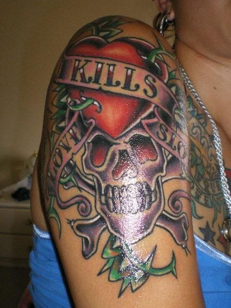 Ed hardy love kills slowly Cheap Tattoos, Good Tattoos, Monster Ink, Ed Hardy Tattoos, Love Kills Slowly, Love Kills, San Antonio Texas, San Antonio Tx, Ed Hardy