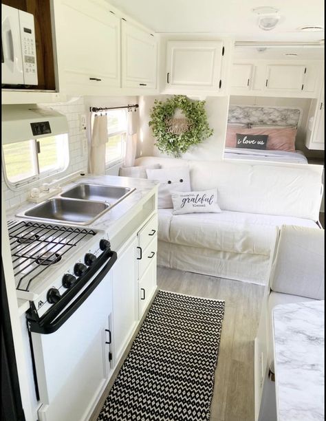 Camper White Interior, White Camper Interior, Aztec Camper Remodel, Western Travel Trailer Interior, Boho Camper Bunkhouse, Western Camper Remodel, Rv Style, Boho Camper, Camper Renovations