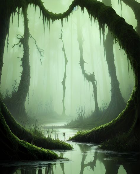 Swamp Monster Concept Art, Swamp Scene Painting, Fantasy Swamp Art, Creepy Forest Art, Creepy Jungle, Jungle Aquascape, Dark Mystical Forest, Creepy Swamp, Swamp Illustration