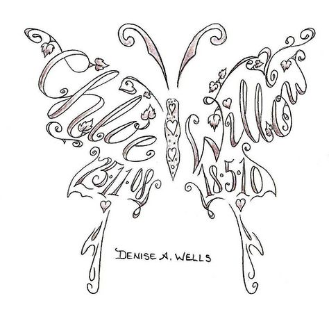 Name tattoos made into a butterfly shape by Denise A. Wells Marie Tattoo, Tato Nama, Melanie Marie, Butterfly Name Tattoo, Kid Name Tattoo, Wallpaper Travel, Family Tree Tattoo, Tattoos With Kids Names, Geniale Tattoos