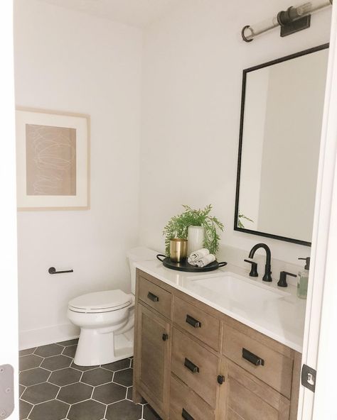 Bishop Design on Instagram: “Saturday, here you are, where the mornings are slow, the days are short, and there’s no such thing as too much coffee. Design//…” Tiles Combination Bathroom, Grey Hexagon Tile Bathroom, Tiles Combination, Hexagon Tile Bathroom Floor, Grey Bathroom Floor, Hexagon Tile Bathroom, Dark Gray Bathroom, The Tile Shop, Upstairs Bathrooms